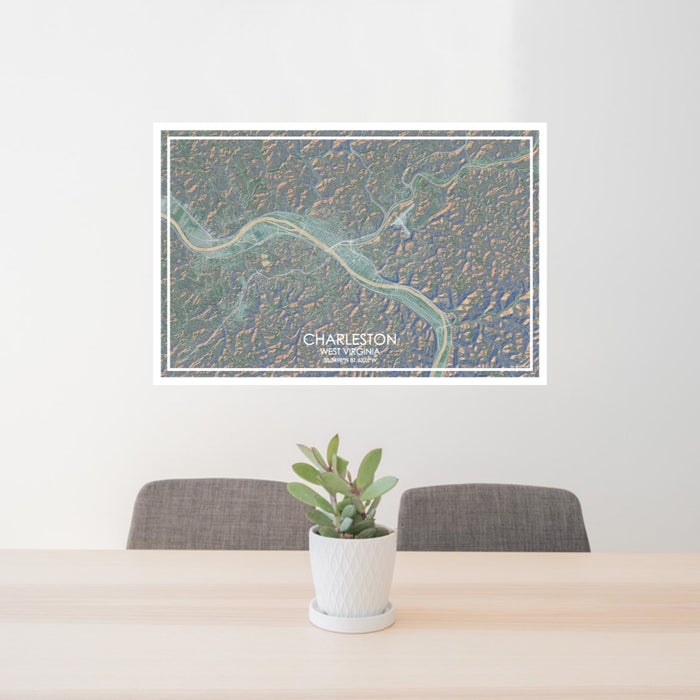 24x36 Charleston West Virginia Map Print Lanscape Orientation in Afternoon Style Behind 2 Chairs Table and Potted Plant