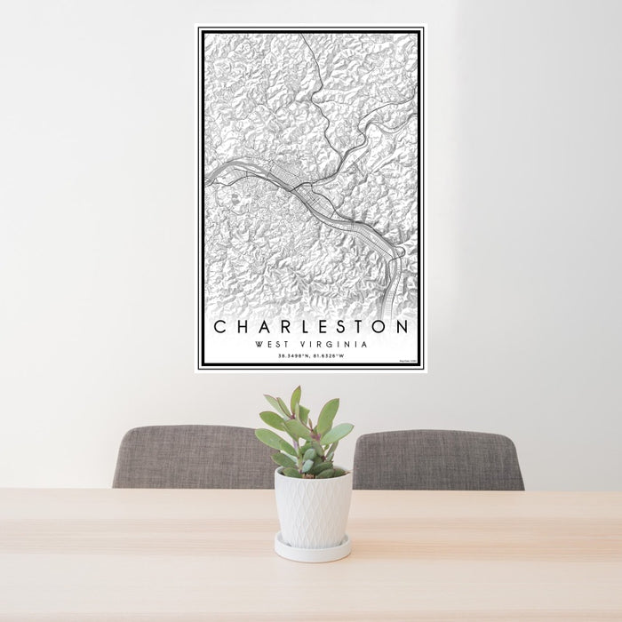24x36 Charleston West Virginia Map Print Portrait Orientation in Classic Style Behind 2 Chairs Table and Potted Plant