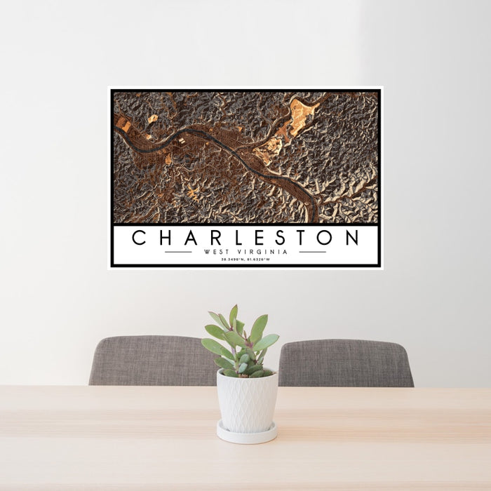 24x36 Charleston West Virginia Map Print Lanscape Orientation in Ember Style Behind 2 Chairs Table and Potted Plant