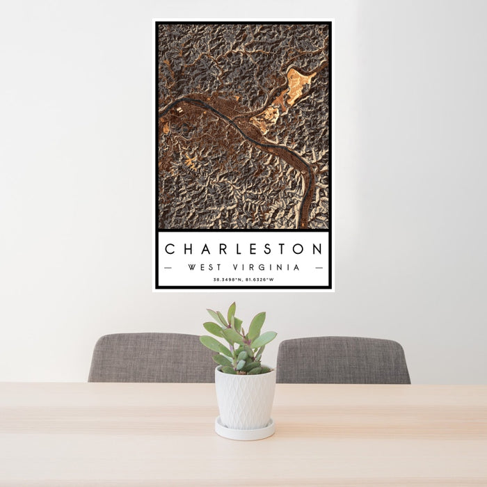 24x36 Charleston West Virginia Map Print Portrait Orientation in Ember Style Behind 2 Chairs Table and Potted Plant