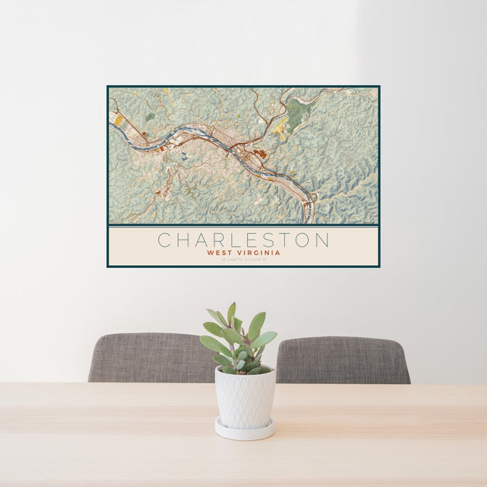 24x36 Charleston West Virginia Map Print Lanscape Orientation in Woodblock Style Behind 2 Chairs Table and Potted Plant