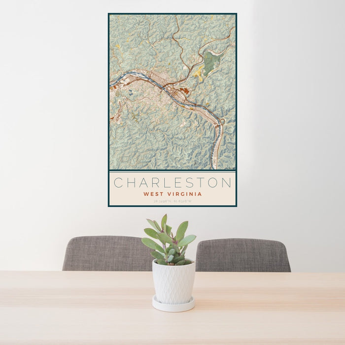 24x36 Charleston West Virginia Map Print Portrait Orientation in Woodblock Style Behind 2 Chairs Table and Potted Plant