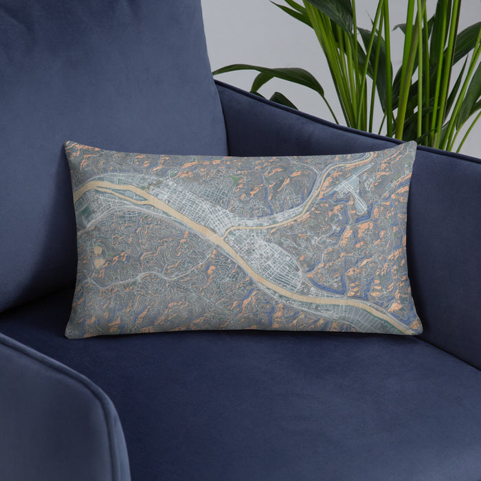 Custom Charleston West Virginia Map Throw Pillow in Afternoon on Blue Colored Chair