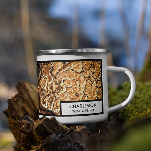 Right View Custom Charleston West Virginia Map Enamel Mug in Ember on Grass With Trees in Background