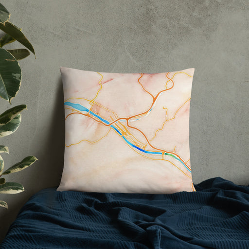 Custom Charleston West Virginia Map Throw Pillow in Watercolor on Bedding Against Wall