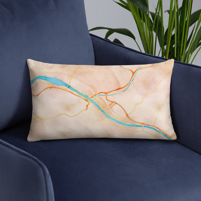 Custom Charleston West Virginia Map Throw Pillow in Watercolor on Blue Colored Chair