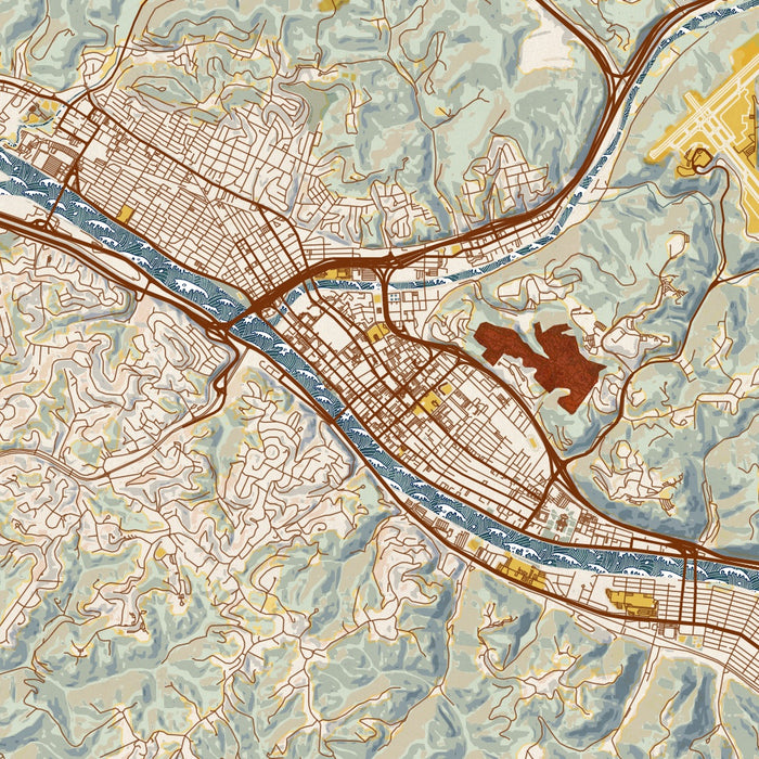 Charleston West Virginia Map Print in Woodblock Style Zoomed In Close Up Showing Details