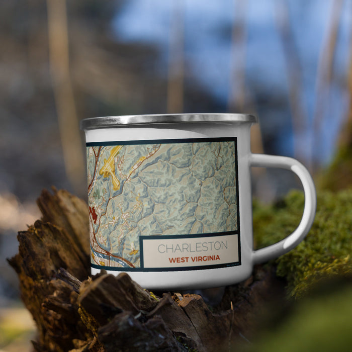 Right View Custom Charleston West Virginia Map Enamel Mug in Woodblock on Grass With Trees in Background