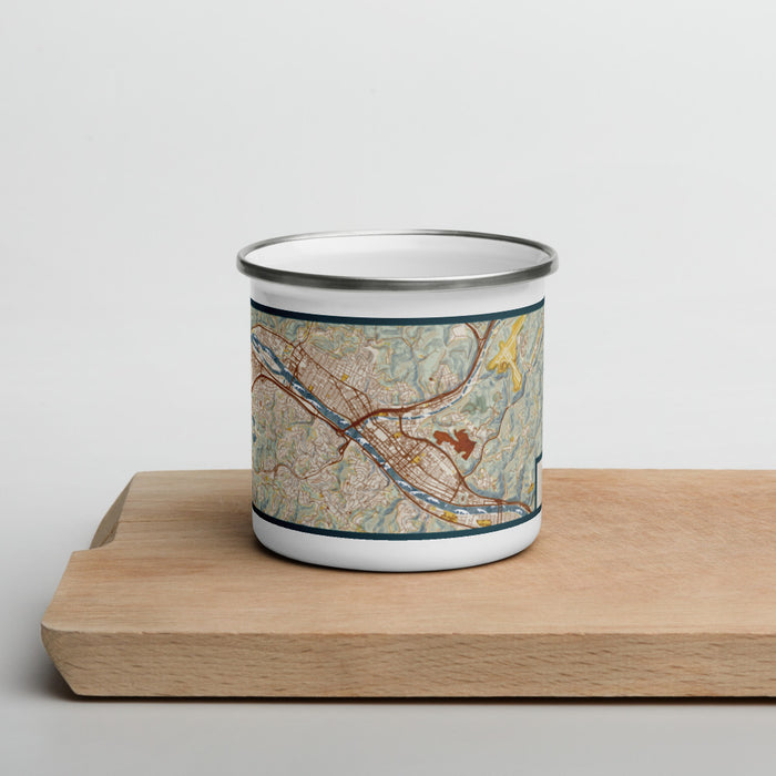 Front View Custom Charleston West Virginia Map Enamel Mug in Woodblock on Cutting Board