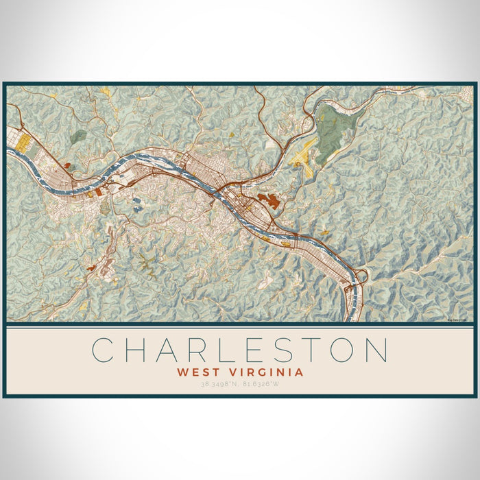 Charleston West Virginia Map Print Landscape Orientation in Woodblock Style With Shaded Background