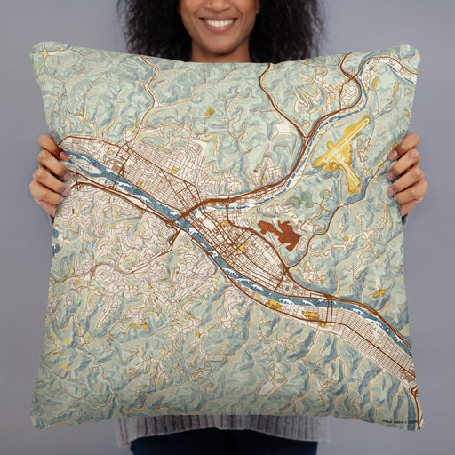 Person holding 22x22 Custom Charleston West Virginia Map Throw Pillow in Woodblock