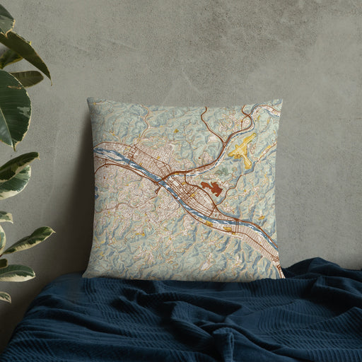 Custom Charleston West Virginia Map Throw Pillow in Woodblock on Bedding Against Wall
