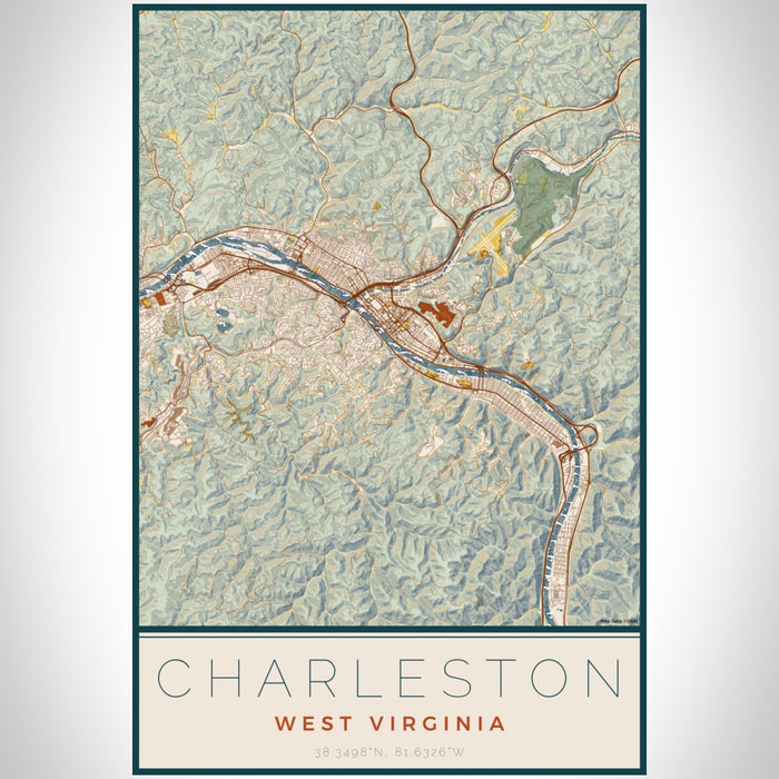 Charleston West Virginia Map Print Portrait Orientation in Woodblock Style With Shaded Background