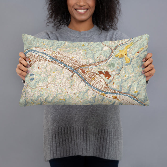 Person holding 20x12 Custom Charleston West Virginia Map Throw Pillow in Woodblock