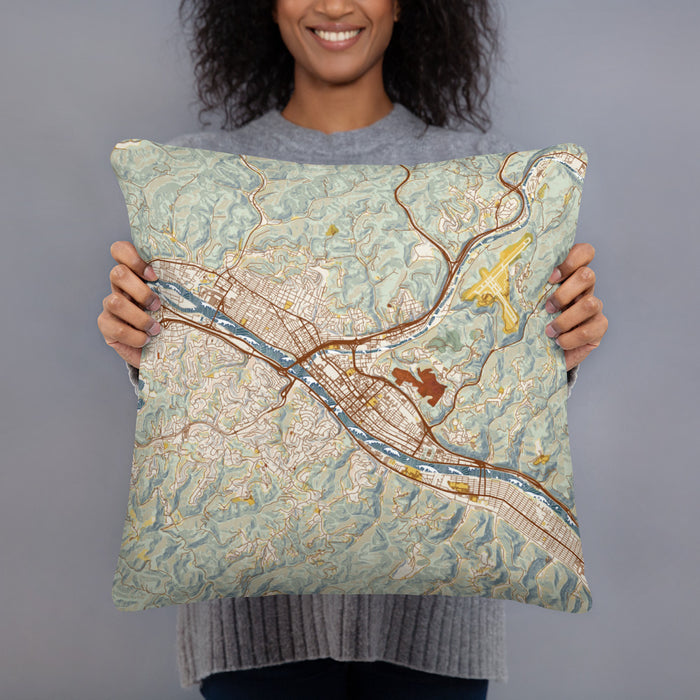 Person holding 18x18 Custom Charleston West Virginia Map Throw Pillow in Woodblock