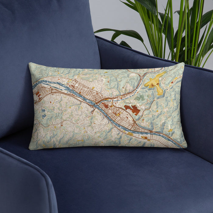 Custom Charleston West Virginia Map Throw Pillow in Woodblock on Blue Colored Chair