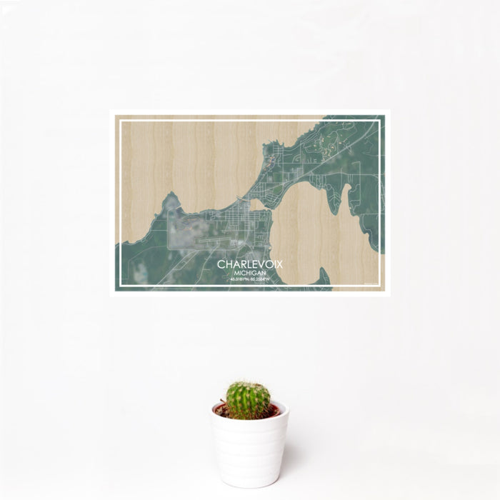 12x18 Charlevoix Michigan Map Print Landscape Orientation in Afternoon Style With Small Cactus Plant in White Planter