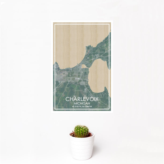 12x18 Charlevoix Michigan Map Print Portrait Orientation in Afternoon Style With Small Cactus Plant in White Planter