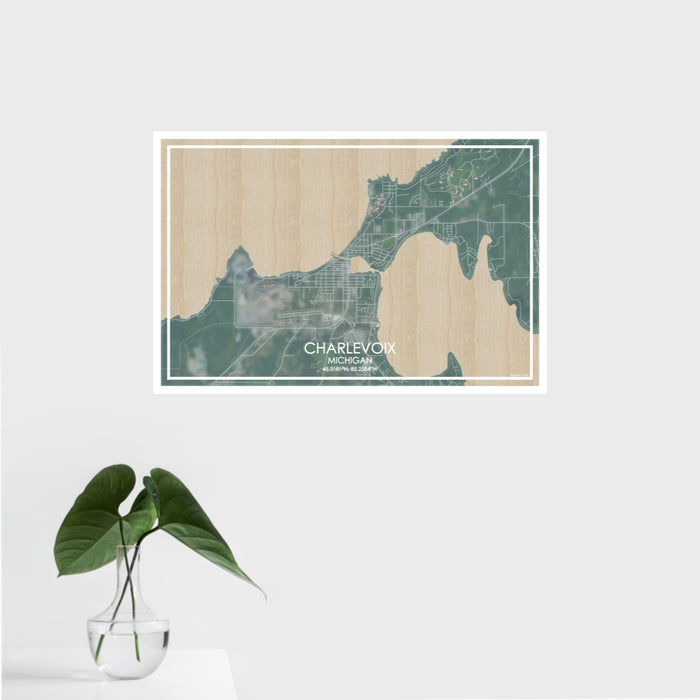 16x24 Charlevoix Michigan Map Print Landscape Orientation in Afternoon Style With Tropical Plant Leaves in Water