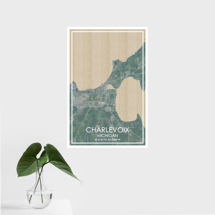 16x24 Charlevoix Michigan Map Print Portrait Orientation in Afternoon Style With Tropical Plant Leaves in Water