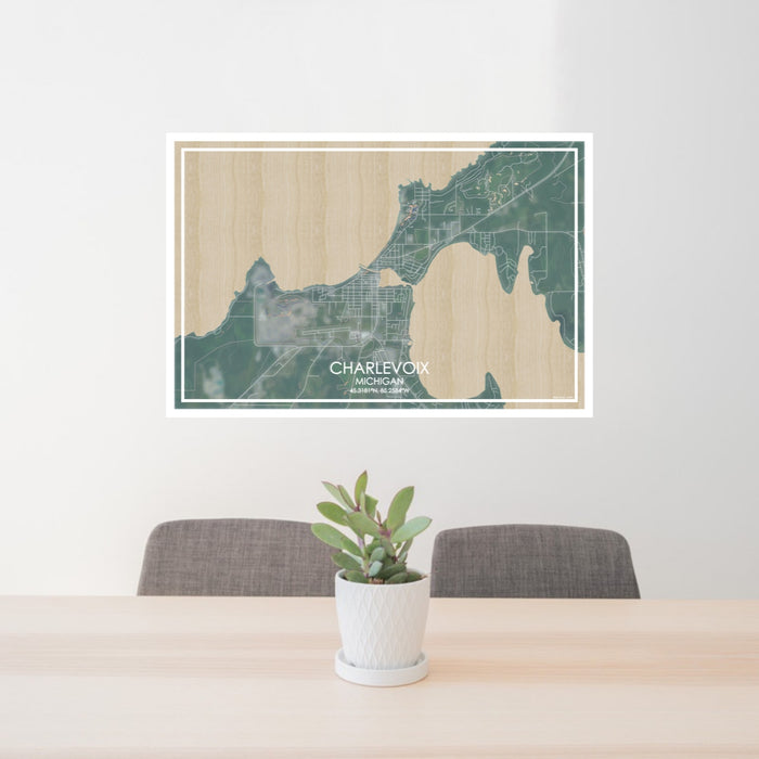 24x36 Charlevoix Michigan Map Print Lanscape Orientation in Afternoon Style Behind 2 Chairs Table and Potted Plant