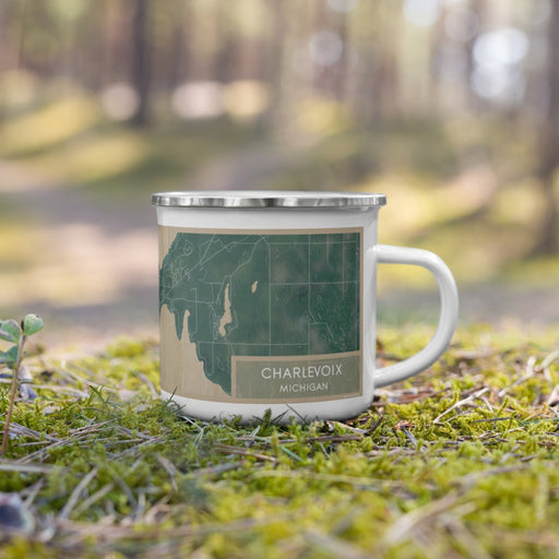 Right View Custom Charlevoix Michigan Map Enamel Mug in Afternoon on Grass With Trees in Background