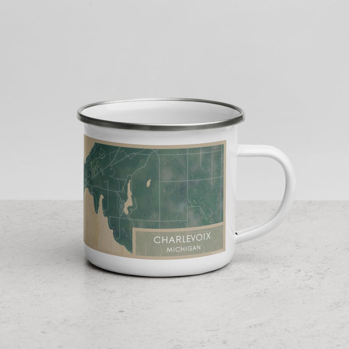 Right View Custom Charlevoix Michigan Map Enamel Mug in Afternoon
