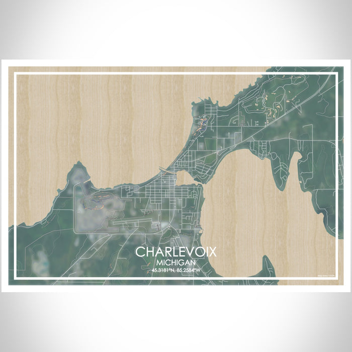Charlevoix Michigan Map Print Landscape Orientation in Afternoon Style With Shaded Background