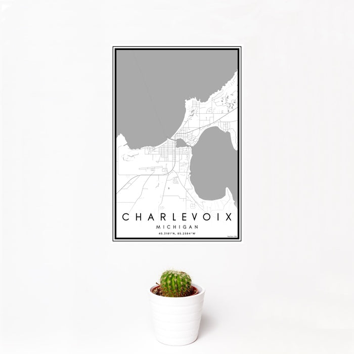 12x18 Charlevoix Michigan Map Print Portrait Orientation in Classic Style With Small Cactus Plant in White Planter
