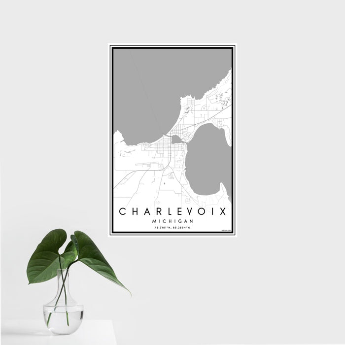 16x24 Charlevoix Michigan Map Print Portrait Orientation in Classic Style With Tropical Plant Leaves in Water