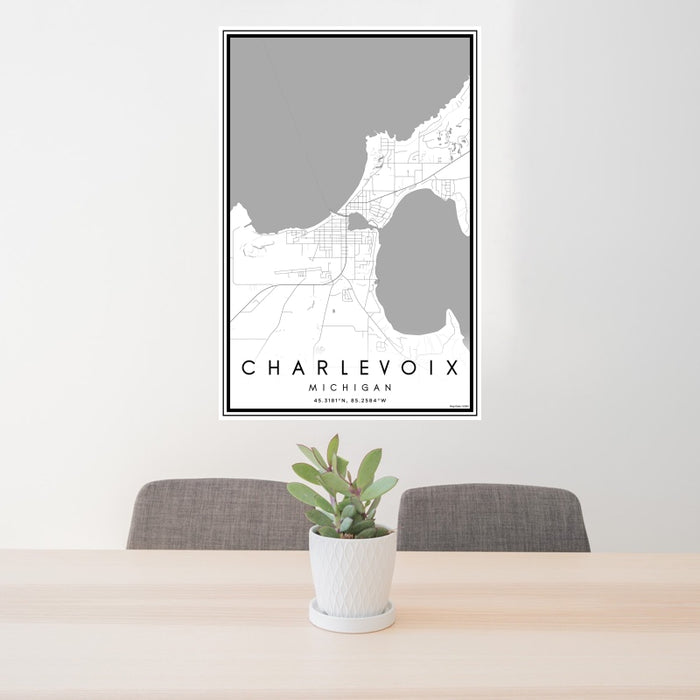24x36 Charlevoix Michigan Map Print Portrait Orientation in Classic Style Behind 2 Chairs Table and Potted Plant