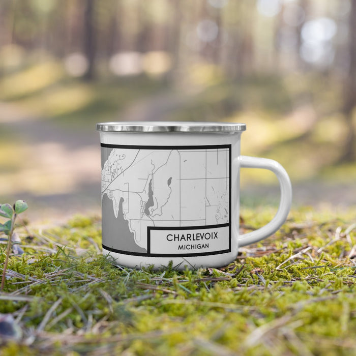 Right View Custom Charlevoix Michigan Map Enamel Mug in Classic on Grass With Trees in Background