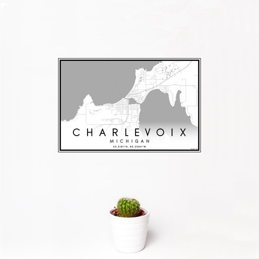 12x18 Charlevoix Michigan Map Print Landscape Orientation in Classic Style With Small Cactus Plant in White Planter