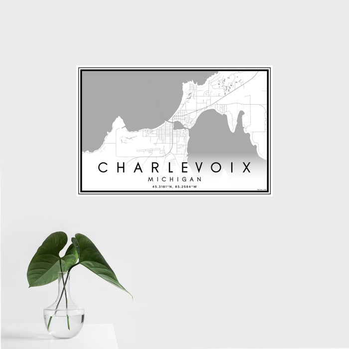 16x24 Charlevoix Michigan Map Print Landscape Orientation in Classic Style With Tropical Plant Leaves in Water