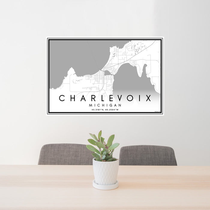 24x36 Charlevoix Michigan Map Print Landscape Orientation in Classic Style Behind 2 Chairs Table and Potted Plant