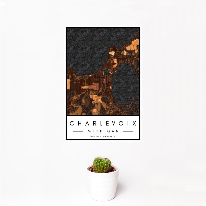 12x18 Charlevoix Michigan Map Print Portrait Orientation in Ember Style With Small Cactus Plant in White Planter