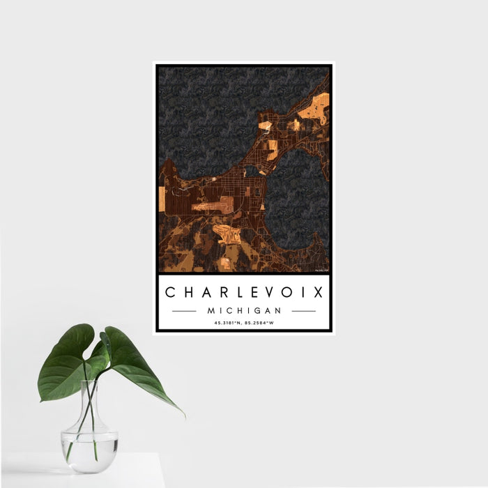 16x24 Charlevoix Michigan Map Print Portrait Orientation in Ember Style With Tropical Plant Leaves in Water