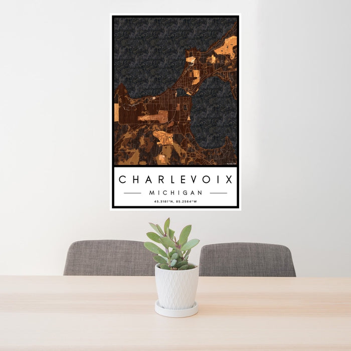 24x36 Charlevoix Michigan Map Print Portrait Orientation in Ember Style Behind 2 Chairs Table and Potted Plant