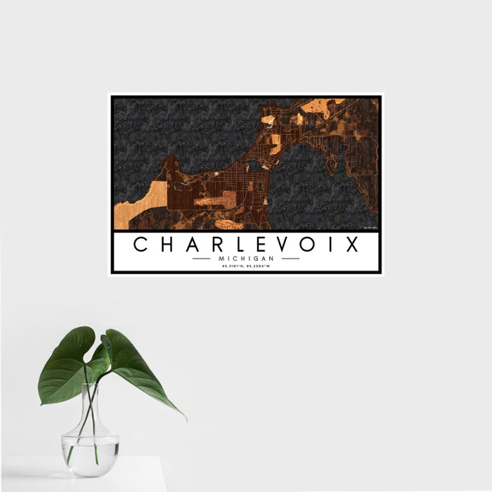 16x24 Charlevoix Michigan Map Print Landscape Orientation in Ember Style With Tropical Plant Leaves in Water