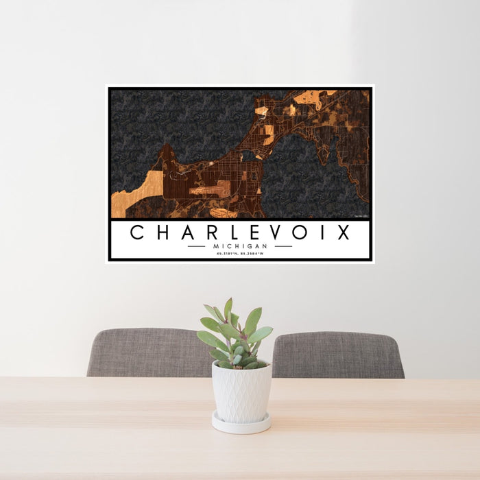 24x36 Charlevoix Michigan Map Print Landscape Orientation in Ember Style Behind 2 Chairs Table and Potted Plant