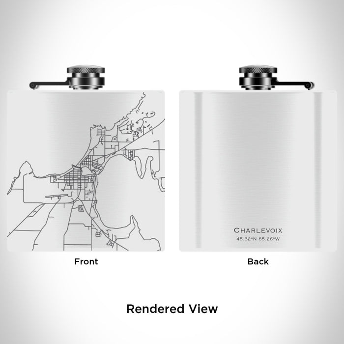 Rendered View of Charlevoix Michigan Map Engraving on 6oz Stainless Steel Flask in White