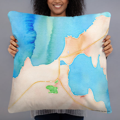 Person holding 22x22 Custom Charlevoix Michigan Map Throw Pillow in Watercolor
