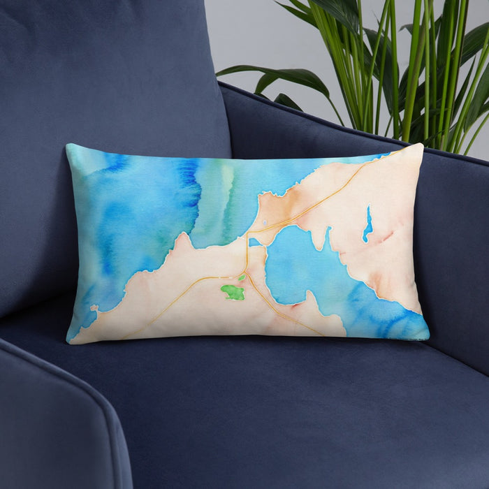 Custom Charlevoix Michigan Map Throw Pillow in Watercolor on Blue Colored Chair