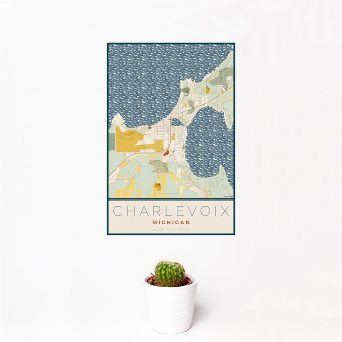 12x18 Charlevoix Michigan Map Print Portrait Orientation in Woodblock Style With Small Cactus Plant in White Planter
