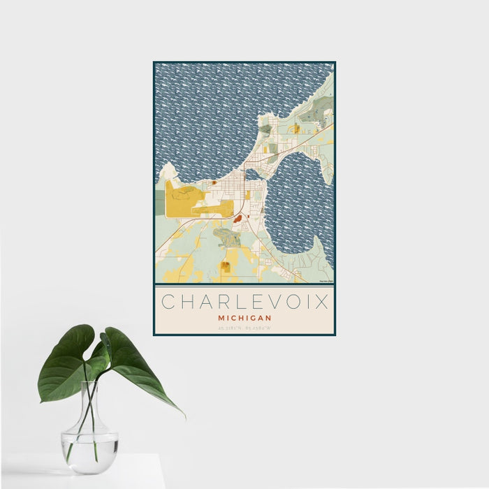 16x24 Charlevoix Michigan Map Print Portrait Orientation in Woodblock Style With Tropical Plant Leaves in Water