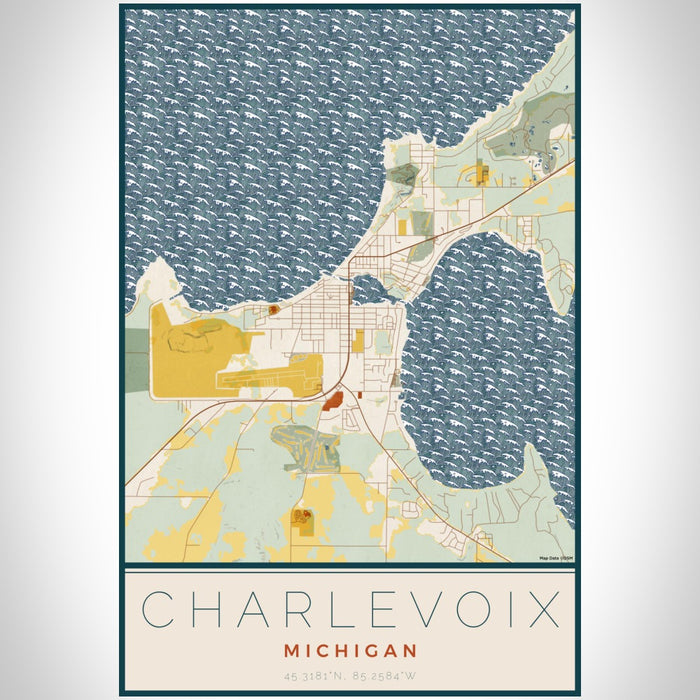 Charlevoix Michigan Map Print Portrait Orientation in Woodblock Style With Shaded Background