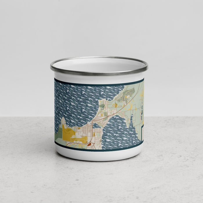 Front View Custom Charlevoix Michigan Map Enamel Mug in Woodblock