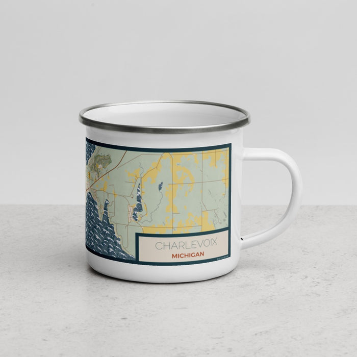 Right View Custom Charlevoix Michigan Map Enamel Mug in Woodblock