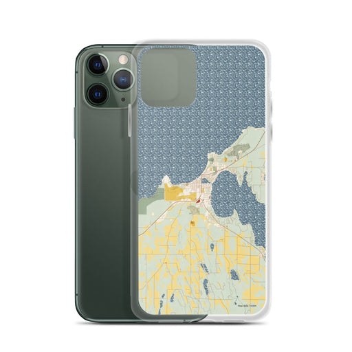 Custom Charlevoix Michigan Map Phone Case in Woodblock on Table with Laptop and Plant