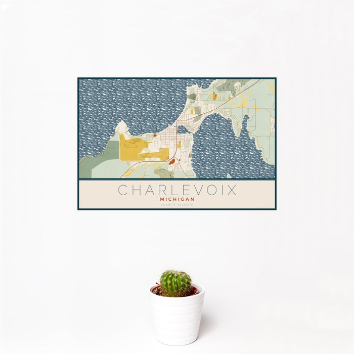 12x18 Charlevoix Michigan Map Print Landscape Orientation in Woodblock Style With Small Cactus Plant in White Planter